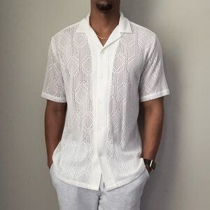 Men's White Lace Button Down Shirt